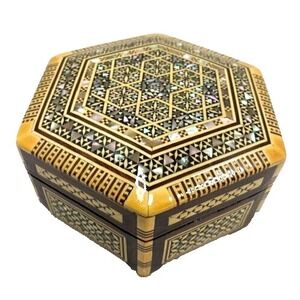 Vintage Egyptian Wood & Mother Pearl Inlay Trinket Box Lined Red Velvet  Hexagon
